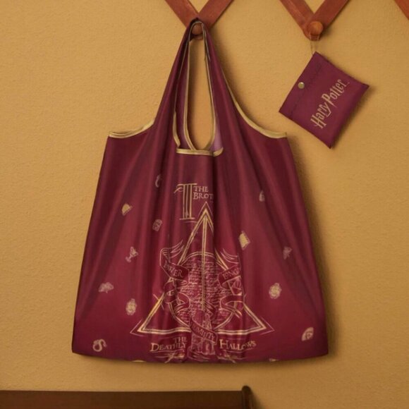 Harry Potter Deathly Hallows Shopping Tote Bag Reusable Red - Picture 2 of 6